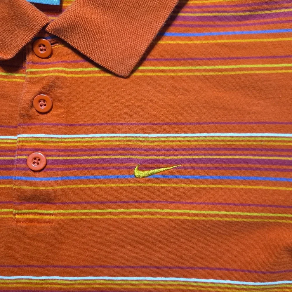 Y2K Nike Polo Mens Medium Short Sleeve Yellow Swoosh Orange Striped